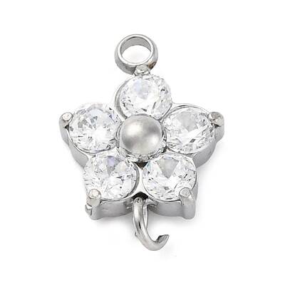 304 Stainless Steel Micro Pave Cubic Zirconia Flower Connector Charms