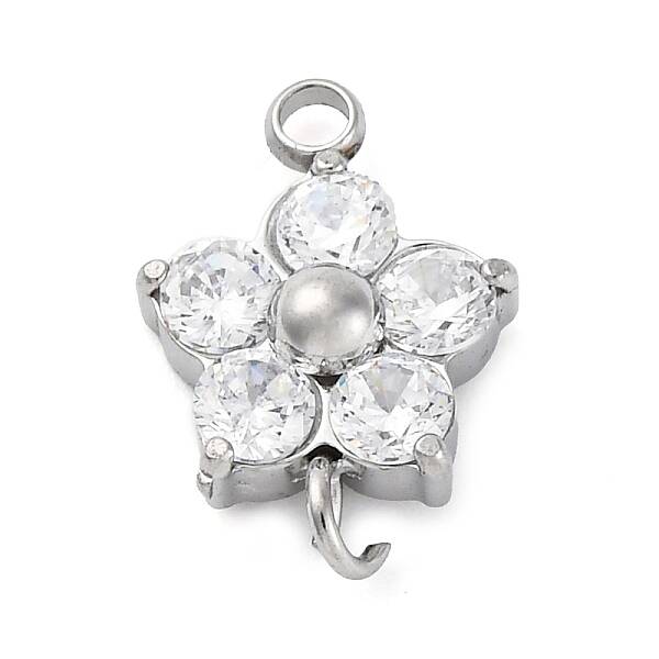304 Stainless Steel Micro Pave Cubic Zirconia Flower Connector Charms