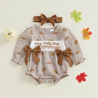 Infant Baby Girl Thanksgiving Outfit Plaid Croissant Letter Embroidered Long Sleeve Romper and Headband Fall Winter Set 0-18 ...