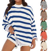 【XL-5XL】Beautife Womens Plus Size Lounge Sets Striped Knit 2 Piece Sweater Set Long Sleeve Tops and Shorts Oversized Outf...
