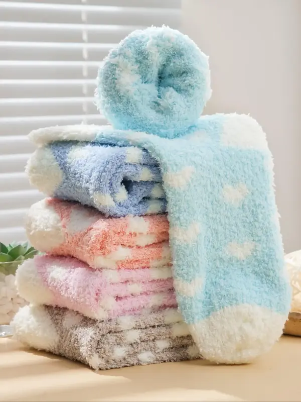 Women's Heart Print Fuzzy Socks, Cozy Warm Multipack Knit Mid Calf Socks, Women's Socks & Hosiery, Cute Socks for Women