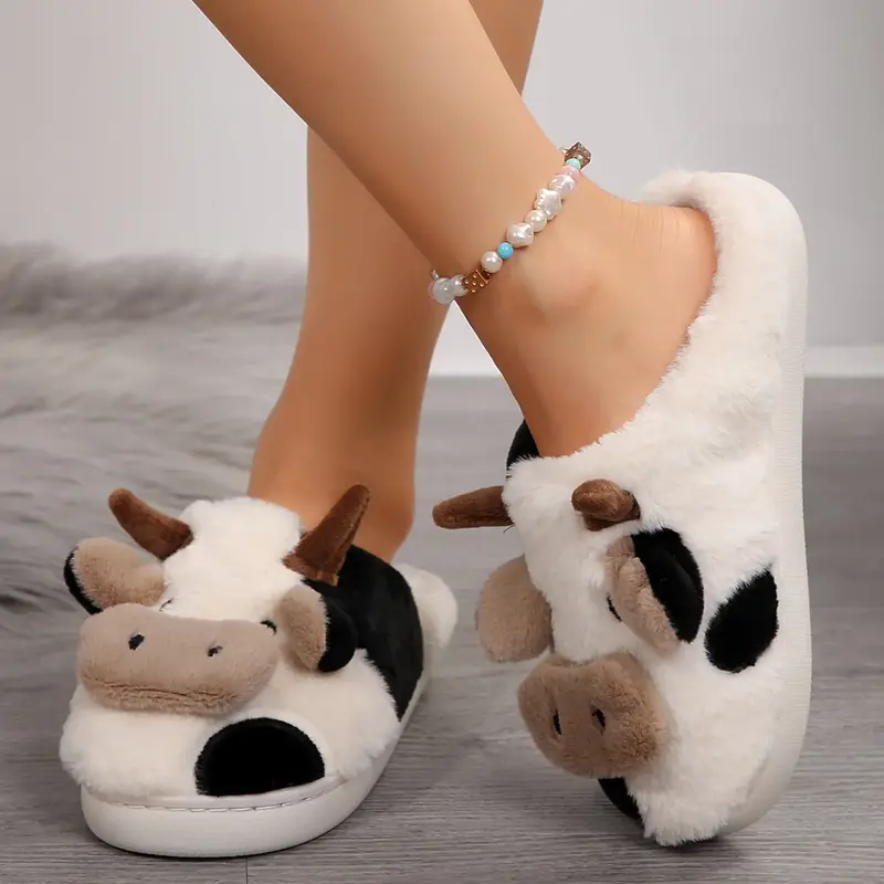 Women Kawaii Fuzzy Cute Cow Slippers for Women Winter Warm Cozy Animal Girl Slippers Walking Shoes
