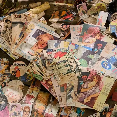 Random Color Vintage Euro-american Style Stickers, 200pcs/pack Magazine Pattern Material Paper Mixed Set, Creative Painting B...