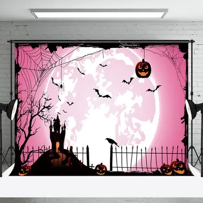 Pink Moon Atmosphere Pumpkin Bat Happy Halloween Backdrop
