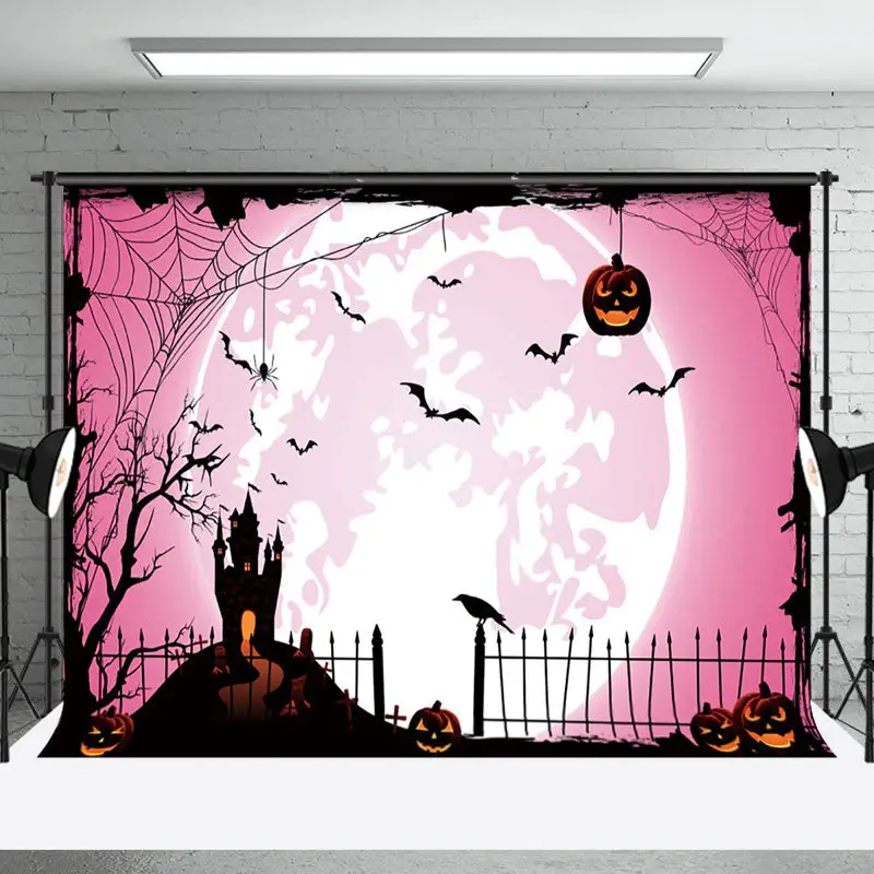 Pink Moon Atmosphere Pumpkin Bat Happy Halloween Backdrop