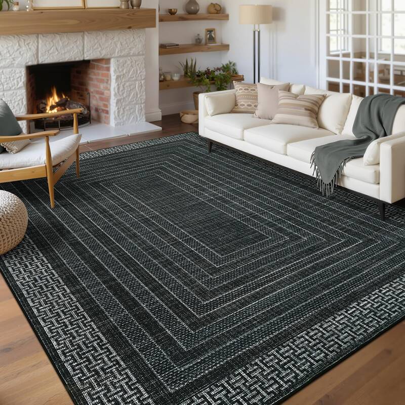 Garvee Bordered 10x13 Living Room Rug Geometric Non-Slip Ultra Thin Stain Resistant Soft Washable Black Indoor Home Decor