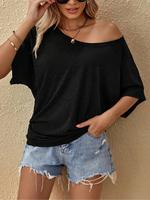 Women's Plain Batwing Sleeve V Neck Tee, Vintage 90s Tops, Casual Half Sleeve T-Shirt for Daily Wear, Ladies Clothes for All ...