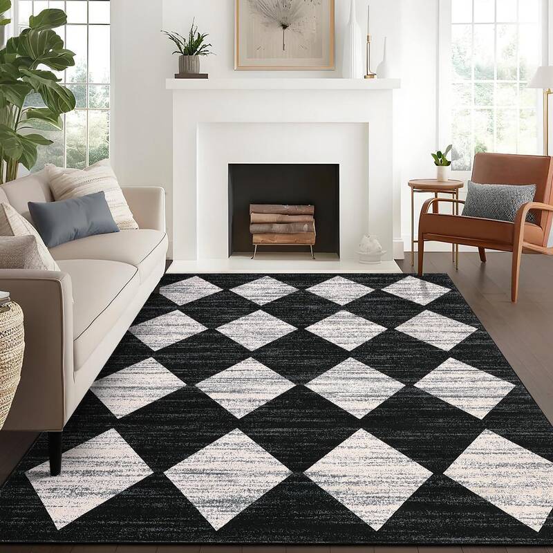 Garvee Plaid Black 5x7 Checkered Area Rug Washable Non-Slip Rubber Backing Soft Faux Wool Durable Edges Foldable for Living R...