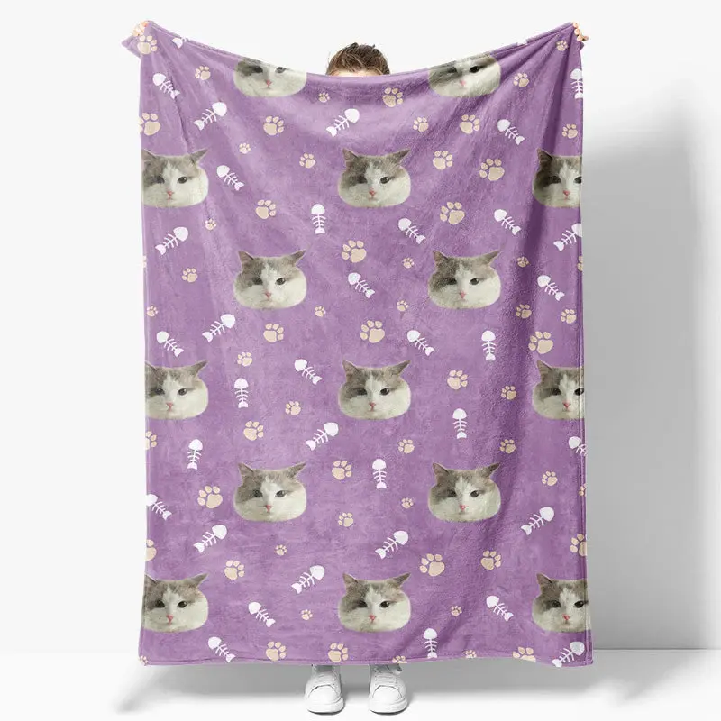 Aperturee Custom Pet Face Photo Paw Fish Print Purple Blanket - Aperturee
