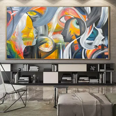 Large Abstract Figurative Paintings On Canvas Original Faces Painting Modern Textured Handmade Artwork | SUN AND MOON