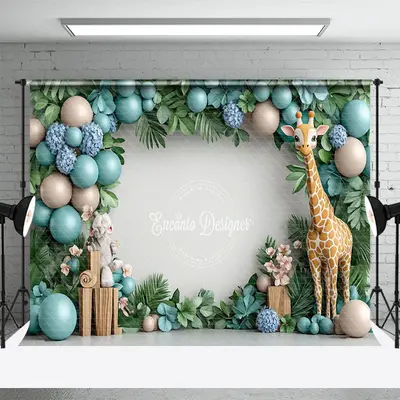 Aperturee Balloons Monstera Safari Giraffe Cake Smash Backdrop, 3X2FT(1MX0.6M), 14 USD, birthday cake smash backdrops, ENHD1J...