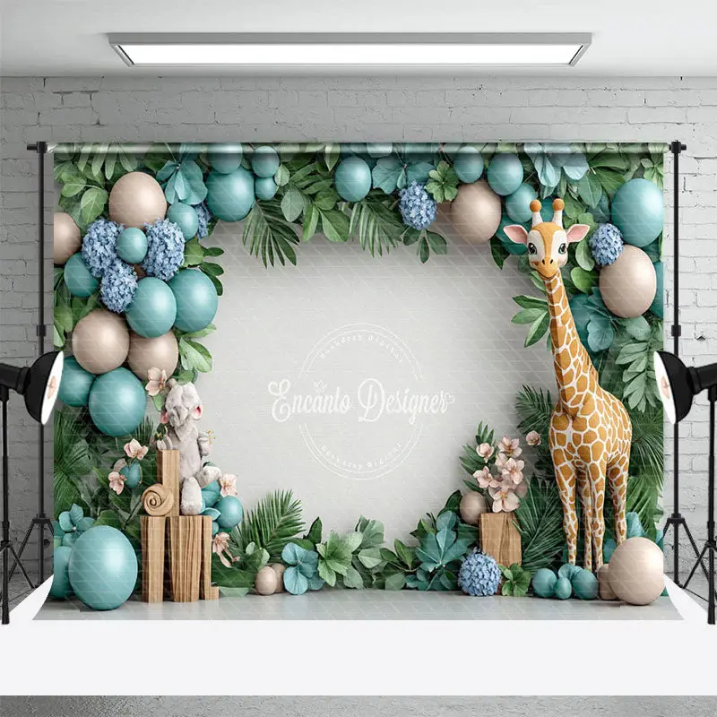 Aperturee Balloons Monstera Safari Giraffe Cake Smash Backdrop, 3X2FT(1MX0.6M), 14 USD, birthday cake smash backdrops, ENHD1J...