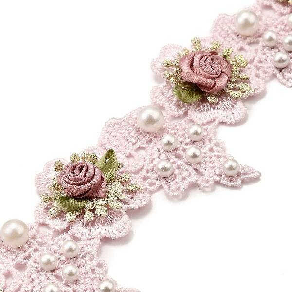 Polyester 3D Flower Lace Trim with Imitaiton Pearl