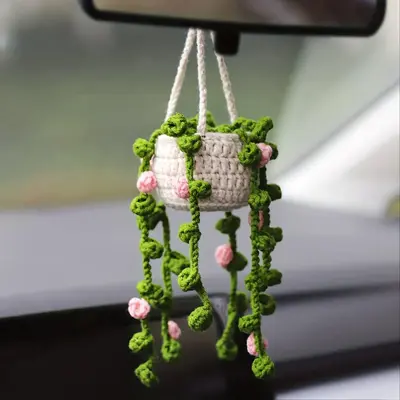 Cute Plant Crochet Ornament, 1 Count Car Rear View Mirror Hanging Ornament, Car Accessories, Wall Hanging Ornament, Creative ...