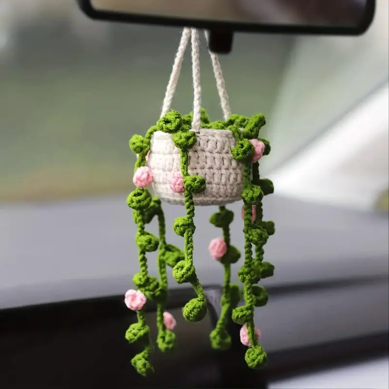 Cute Plant Crochet Ornament, 1 Count Car Rear View Mirror Hanging Ornament, Car Accessories, Wall Hanging Ornament, Creative ...
