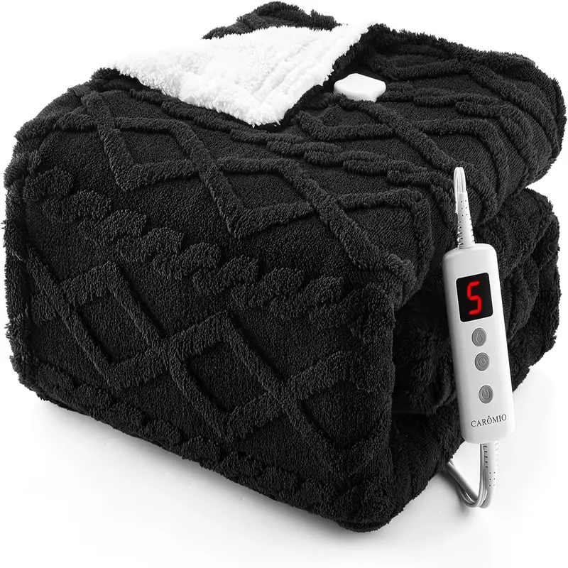Garvee Electric Blanket Full Size Sherpa Heated 10 Heat Levels 10 Timer Settings Thick Plush Machine Washable Black Cozy Home...
