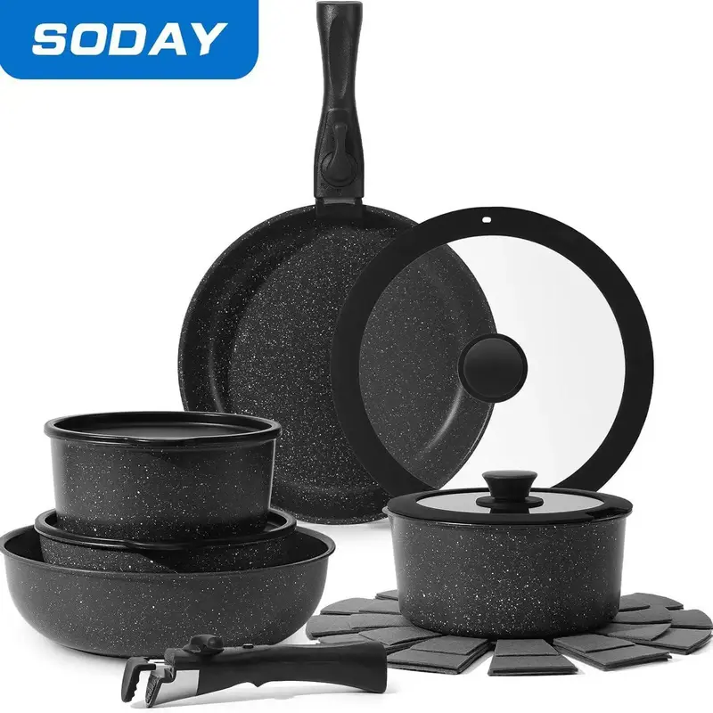 SODAY 15pcs Pots and Pans Set Non Stick, Cookware Sets with Detachable Handle, Nonstick RV Kitchen Cooking Set Removable Hand...
