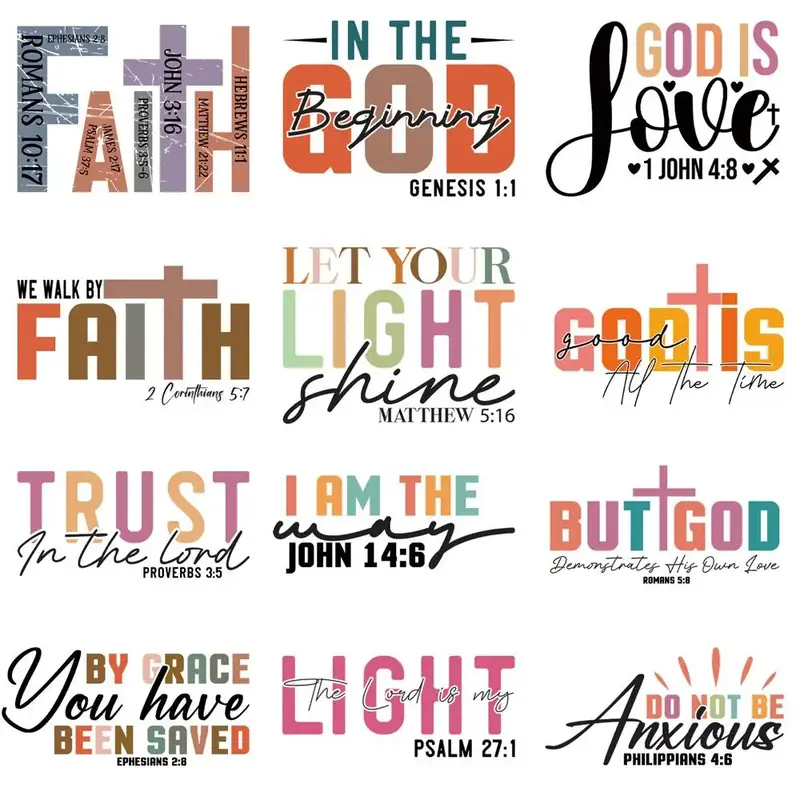 Faith Themed Iron on Transfer for Clothing, 12pcs/set Colorful Christian Words Series Heat Transfer Clothes Decals, DIY Cloth...