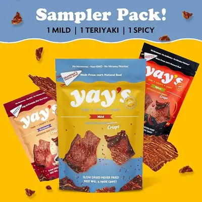 Yay’s Beef Jerky – Variety Pack of 3 Flavors (Mild, Spicy, Teriyaki) – 3 pack - Thin and Crispy - Crispy Meat Snacks wi...