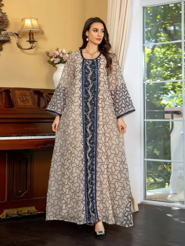 Women's Embroidery Sequins Abaya without Hijab, Elegant Round Neck Long Sleeve Dress for Party Wedding Guest, Ladies Islamic ...
