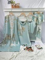 Women's Floral Print Pajama Set, Casual Elegant Matching Belted Robe & Cowl Neck Cami Dress & Camisole & Ruffle Shorts & Bag,...