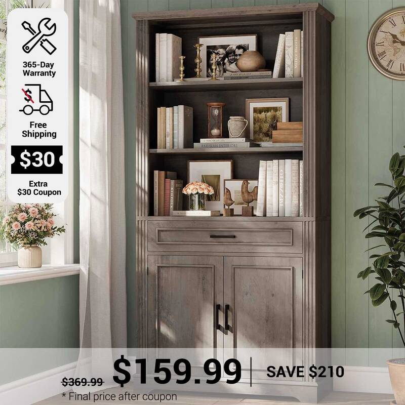 SEDETA ® 70 Inch Tall Farmhouse Bookcase with Adjustable Cabinet Shelves and a Drawer 6 Shelf Display Storage for Home Offic...