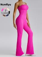 Women's Sexy Yoga Ribbed One Piece Tube Jumpsuit Rompers Flared Trousers Tights Push-up Sports Bodysuit Women Fitness Suit Wo...