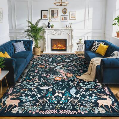 Garvee 10x13 Washable Area Rug Non-Slip Low Pile Stain Resistance Animal Carpet for Living Room Bedroom Dining Room Black