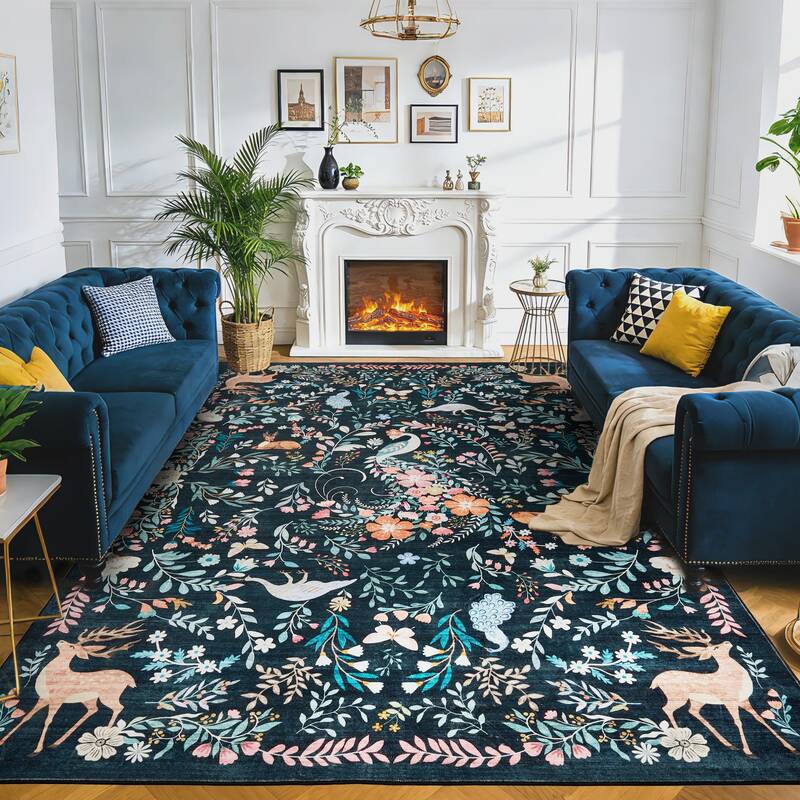 Garvee 10x13 Washable Area Rug Non-Slip Low Pile Stain Resistance Animal Carpet for Living Room Bedroom Dining Room Black