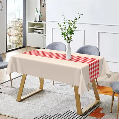 Simple Red White Plaid Beige Rectangle Tablecloth - Aperturee