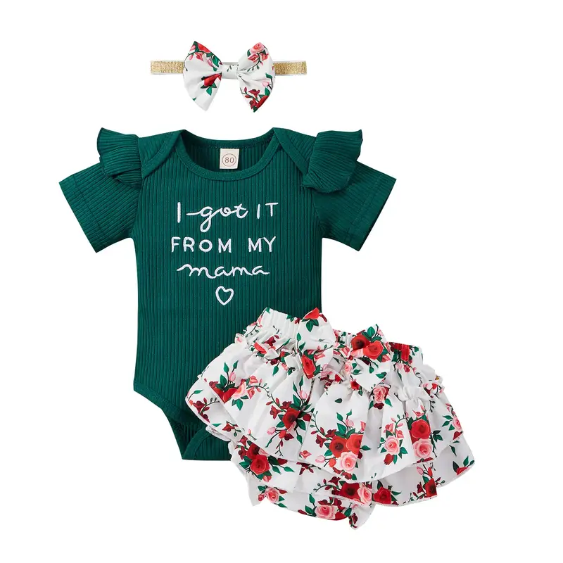 KARESOULL Baby Girls 3Pcs Summer Outfits, Short Sleeve Rib Knit Letter Romper + Floral Shorts + Headband Set print short