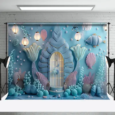 Light Blue Arch Door Mermaid Cake Smash Backdrop