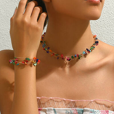 Colorful Natural Gemstone Chips Multilayer Necklace & Bracelet Set