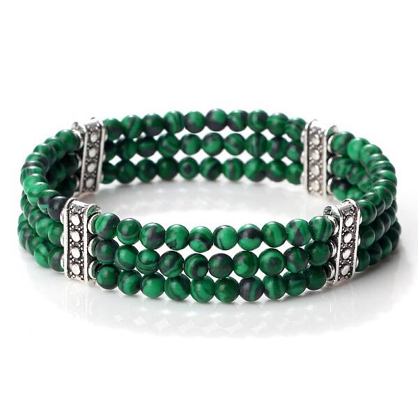 Round Synthetic Malachite & Alloy Multi-Strand Beaded Stretch Bracelets for Women Men