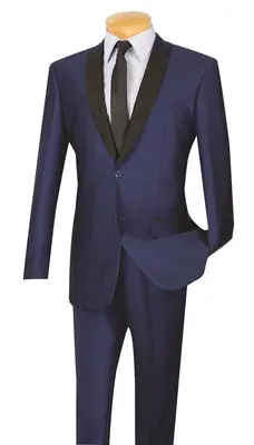 Vinci Men's 2 Piece Sharkskin Slim Fit Suit with Trimmed Shawl Collar