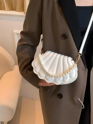 Women's Cute Faux Pearl Decor Shell Shape Crossbody Bag, Solid Color Messenger Bag For Daily Used, Simple All-match Satchel B...