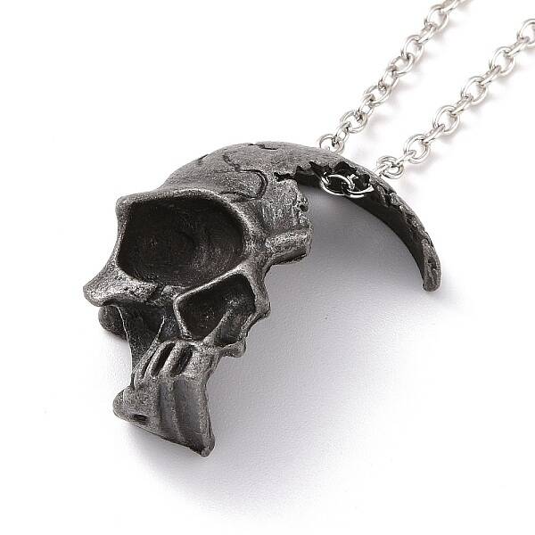 Retro Alloy Broken Half Skull Pendant Necklace for Men Women