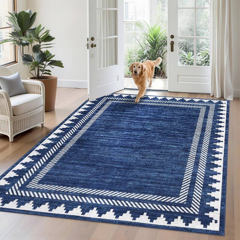 Garvee Washable Rug 5x7 Unique Bordered Geometric Rug for Living Room,Modern Neutral Carpet with Non Slip TPR Backing, Soft N...