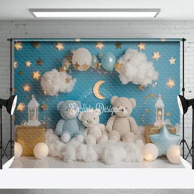 Cloud Star Teddy Bear Birthday Cake Smash Backdrop - Aperturee