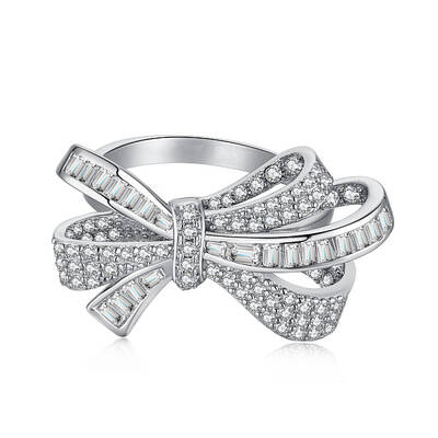 Rhodium Plated 925 Sterling Silver Micro Pave Clear Cubic Zirconia Finger Ring for Women