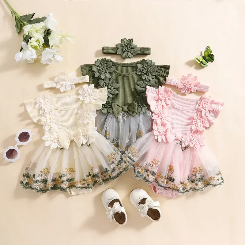 Baby Girl Dress Romper Baby Romper Dress Flowers Embroidery Tulle Skirt Infant Girl Summer Clothes with Headband