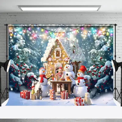 Aperturee Gingerbread House Table Snowman Christmas Backdrop - Aperturee