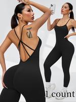 Women's Solid Criss Cross Backless Sports Jumpsuit, Casual Sporty Comfy Breathable Jumpsuit for Yoga Gym Workout, Ladies Spor...
