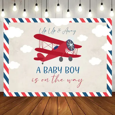 Vintage Red Airplane Postcard Baby Shower Backdrop - Aperturee