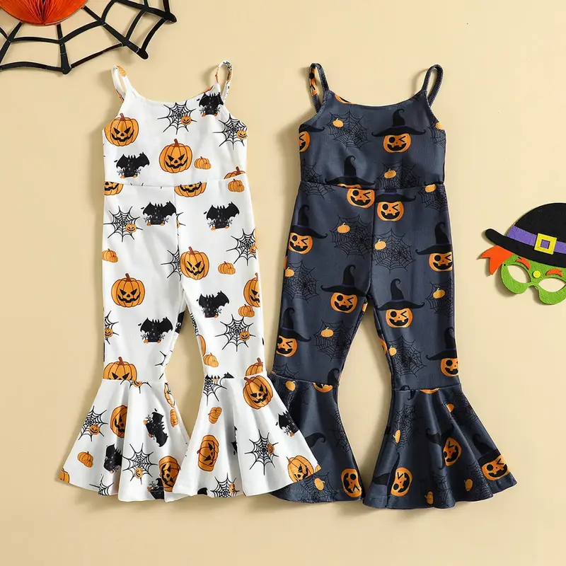 Toddler Baby Girls Halloween Jumpsuit Sleeveless Sling Bell-Bottoms Pumpkin Spider Romper