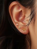925 Sterling Silver Cute Bow & Heart & Flower Design Studs Earrings, Fashionable Rhinestones Decor Earrings for Women & Girls...