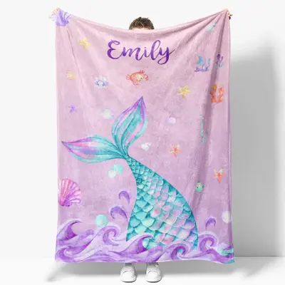 Mermaid Wave Shells Pearls Custom Name Blanket For Kids - Aperturee