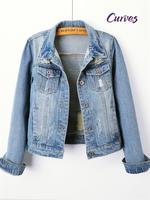 Denim Jacket for Women - Vintage Style, Long Sleeve, Lapel Collar, Non-Stretch Nylon Blend - Oversized Fit, Solid Color with ...