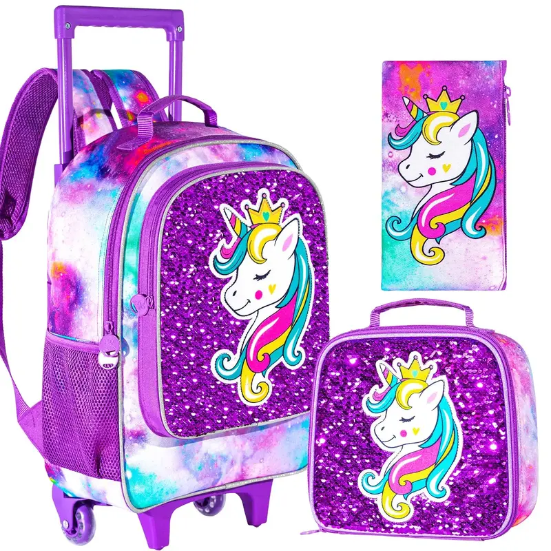 GXTVO 3PCS Rolling Backpack for Girls, Kids Unicorn Roller Bookbag with Wheels, Wheeled School Bag Set for Elementary - Purpl...
