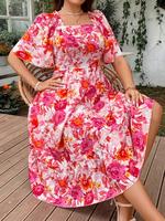 Plus Size Floral Print Shirred A Line Dress, Vintage Dress for Women, Summer Clothes Women, Boho Frill Trim Square Neck Mea...